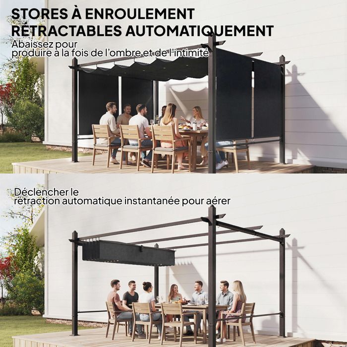 Garden pergola - Outsunny - automatic blinds, retractable sliding blind and UV50+ protection - aluminum - 3x4m - anthracite grey