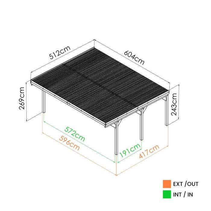 Posto auto coperto in legno per 2 auto, 30,9 m², 6 pali, 12x12