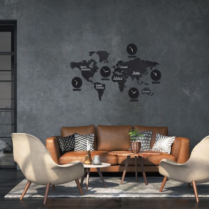 Relaxdays Mappa del mondo in legno con 5 orologi, 10 città 3D, modello di mappa della Terra, HxL 61 x 113 cm, vari colori disponibili