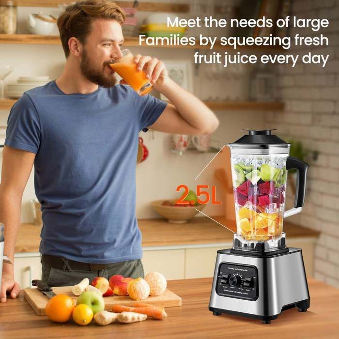 Batidora profesional de 6000 W: batidora de alta potencia con 9 velocidades, 2 recipientes (2 L + 0,5 L), 4 cuchillas de acero inoxidable, para hielo picado y batidos.