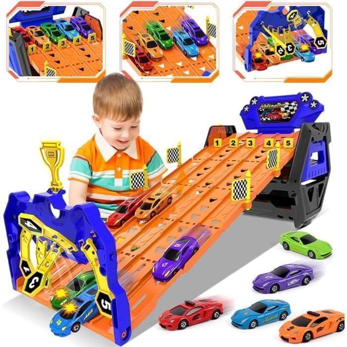 VATOS - Set de coches de carreras portátil - 5 coches - Pista de carreras - Juguetes para niños de 3 años en adelante