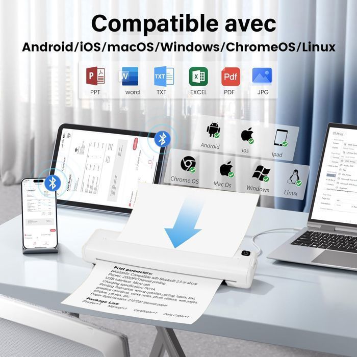 Stampante Bluetooth con 100 fogli di carta A4 (210 x 297 mm), stampante termica, compatibile con Android, iOS e Windows.