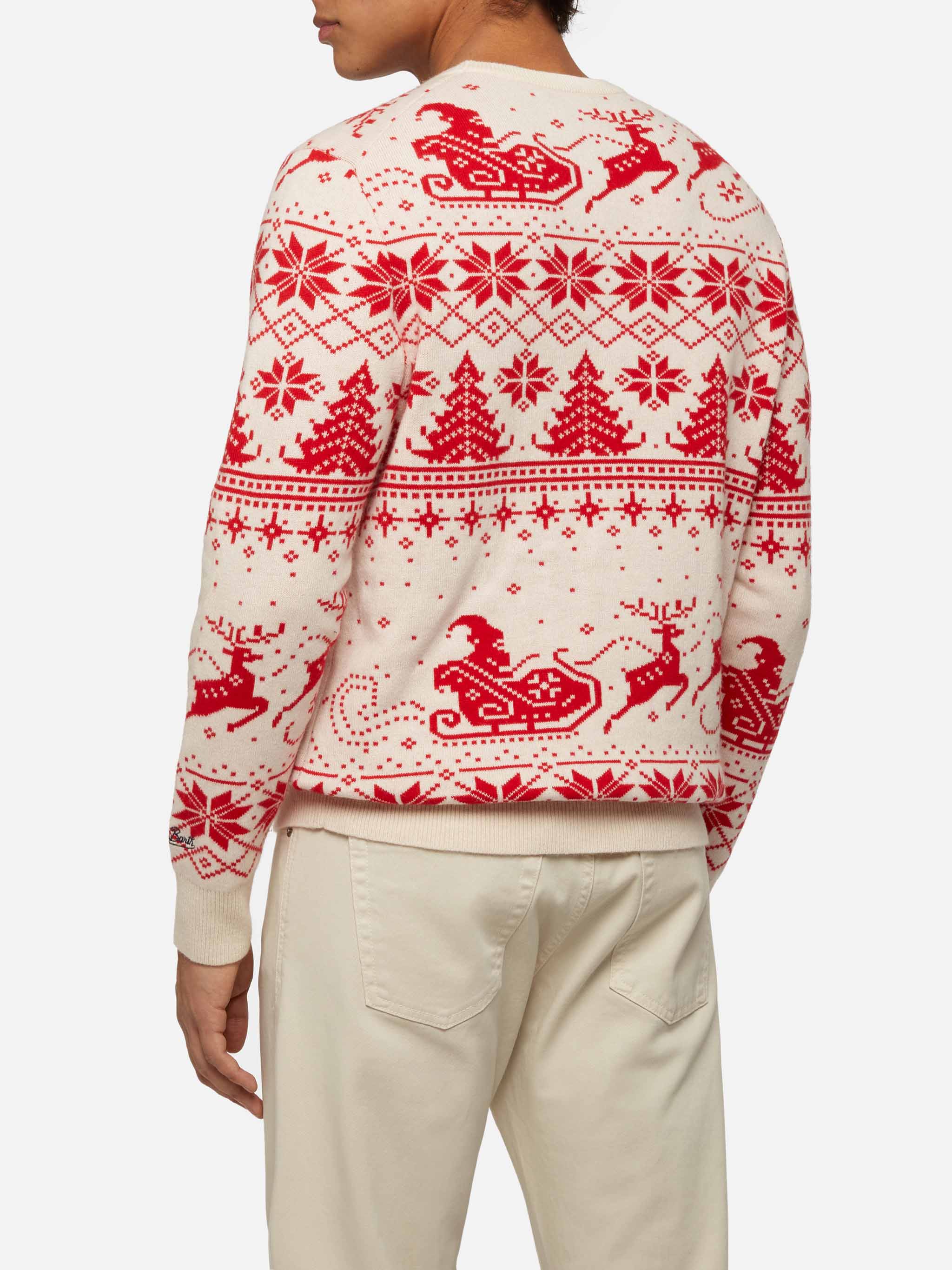 Trui met rode reigerprint, fair isle jacquard en de tekst 