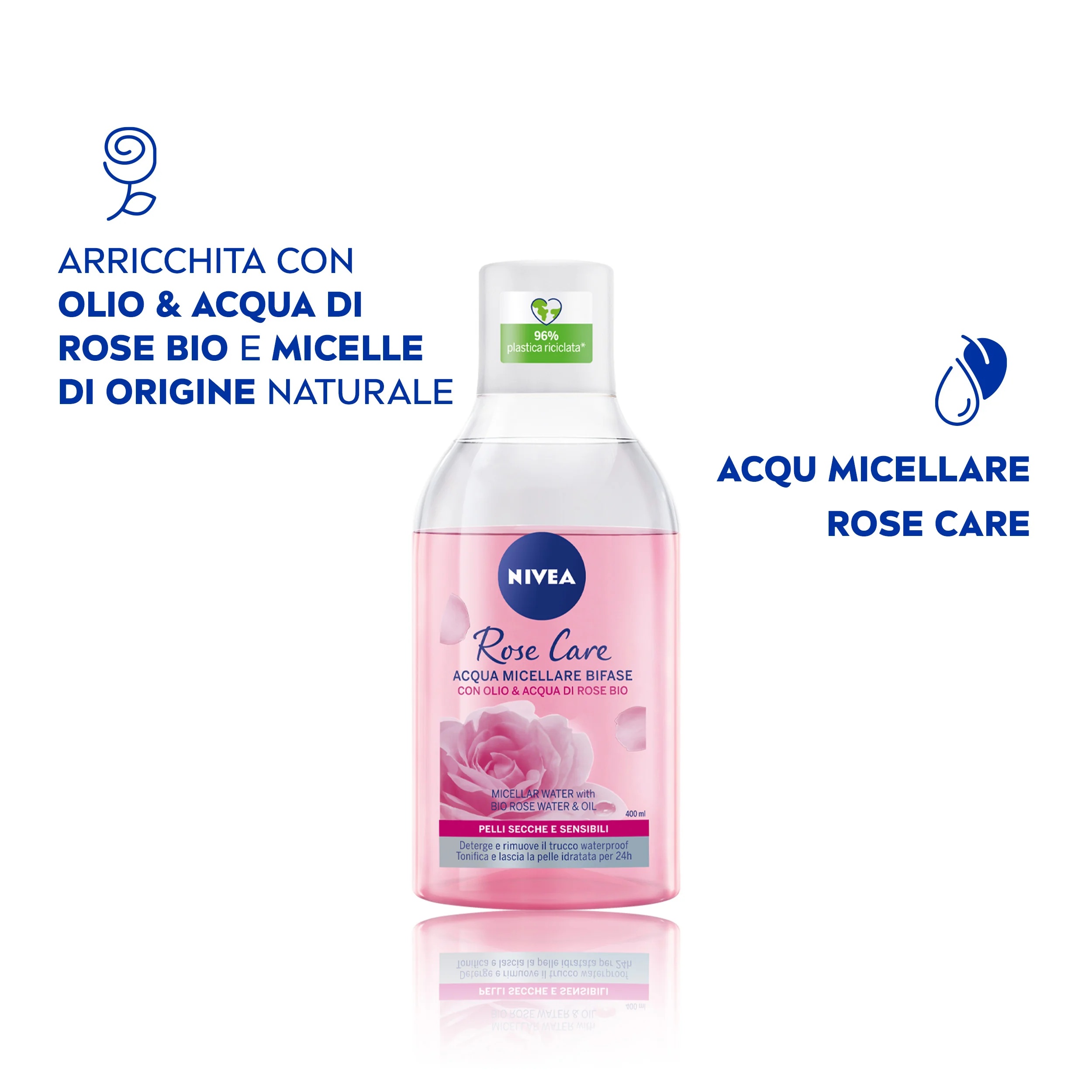 NIVEA Rose Care Mizellenwasser 400 ml Zweiphasen-Formel für trockene und empfindliche Haut
