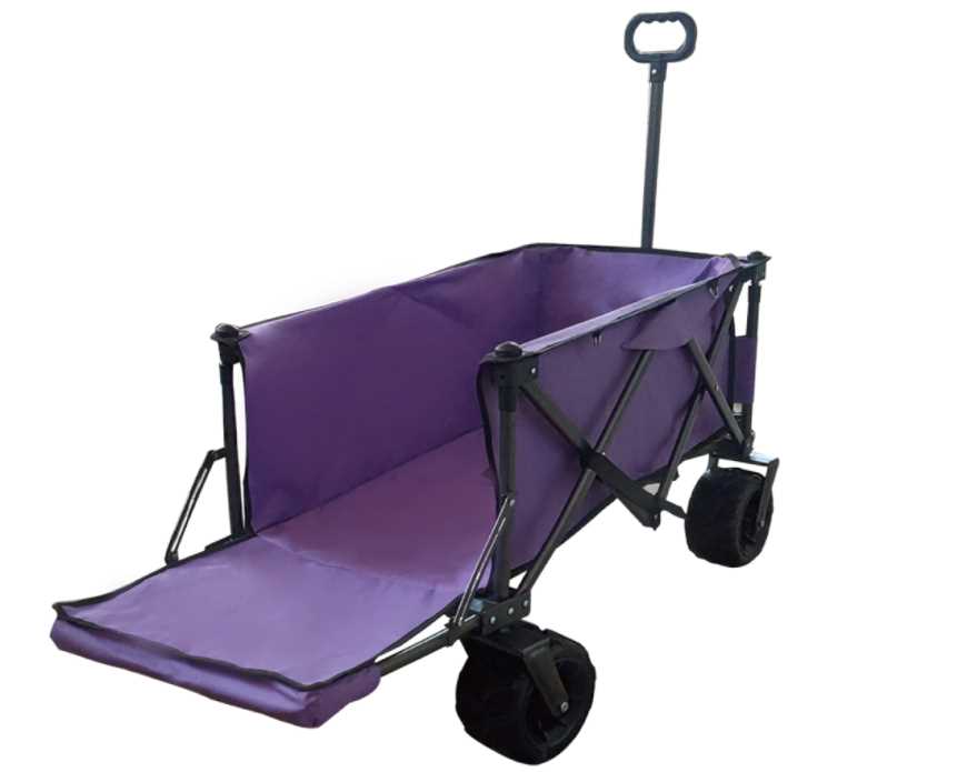 Carro plegable de exterior con asa larga de 110 cm, mesa y ruedas más anchas.