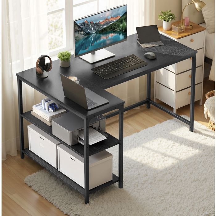 Scrivania a L, ripiani regolabili con contenitore, 120 x 80 cm, nera