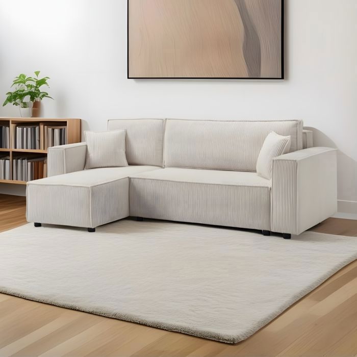 ELA 3-zits hoekbank in beige corduroy, comfortabel, omvormbaar, modern en gezellig