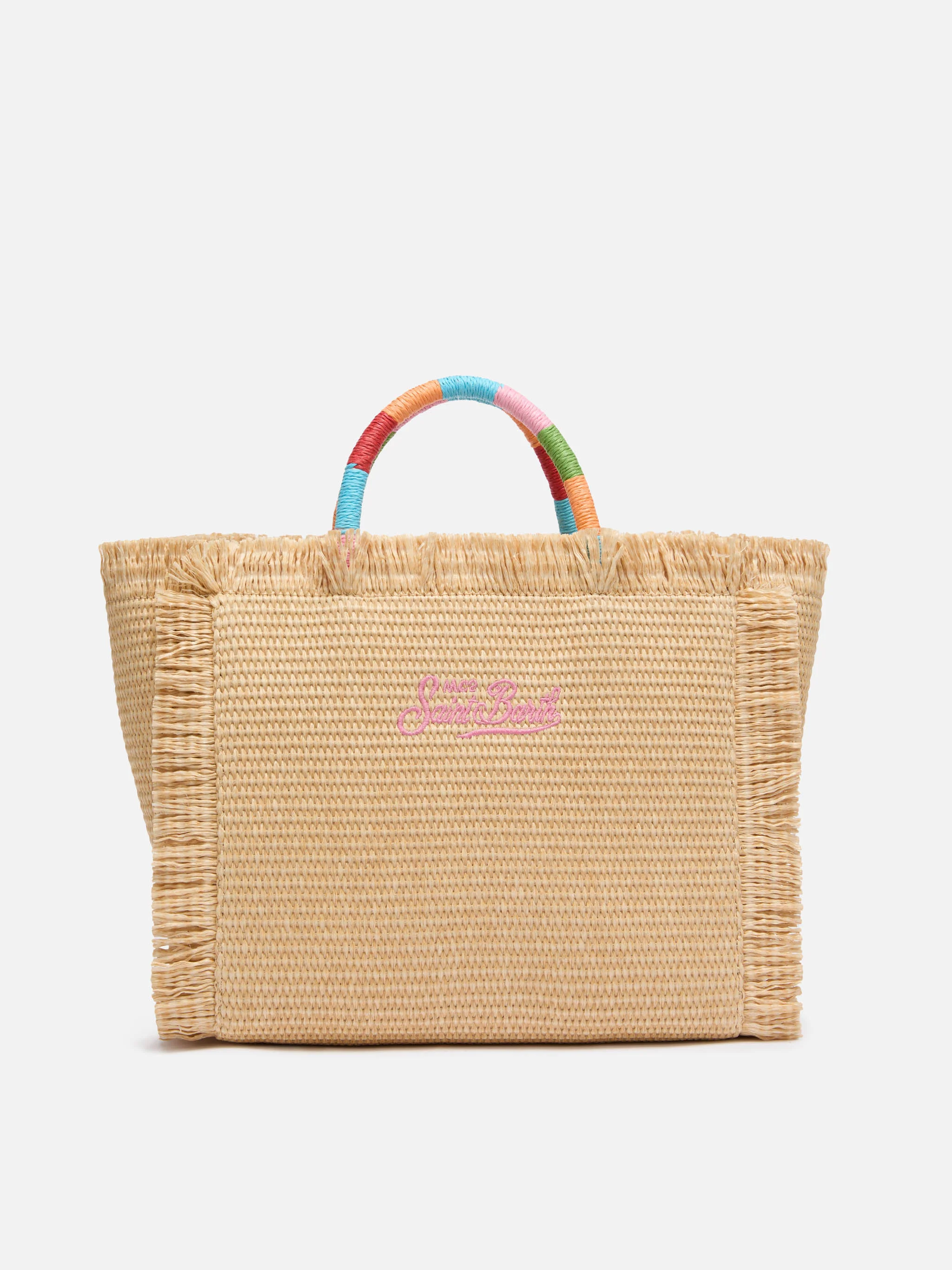 Colette tas met stro-effect en veelkleurig geborduurd logo.