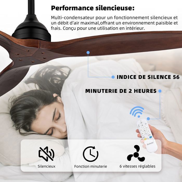 Ventilateur de Plafond Silencieux Réversible avec Télécommande KOTEZU, 132 cm Moteur CC avec 3 Pales en Bois Paulownia Naturel, 35W