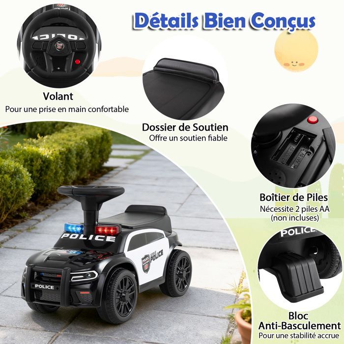 Cochecito infantil COSTWAY con luces intermitentes, música y sirena, compartimento de almacenamiento bajo el asiento, capacidad de carga de 20 kg (para mayores de 18 meses), color negro.