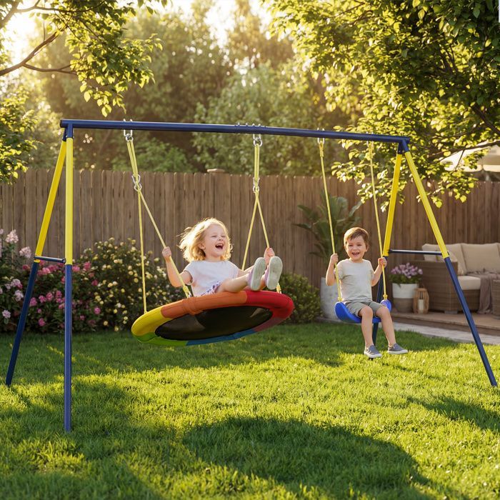 Kinderschommelset - AIYAPLAY - draagvermogen 150 kg - inclusief nestzitje en ladder - stevig staal - 260x160x178cm - blauw