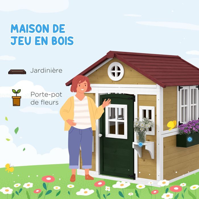 Cabane enfant extérieur maison enfant extérieure avec porte fenêtres et jardinières 114 x 126,4 x 135 cm beige