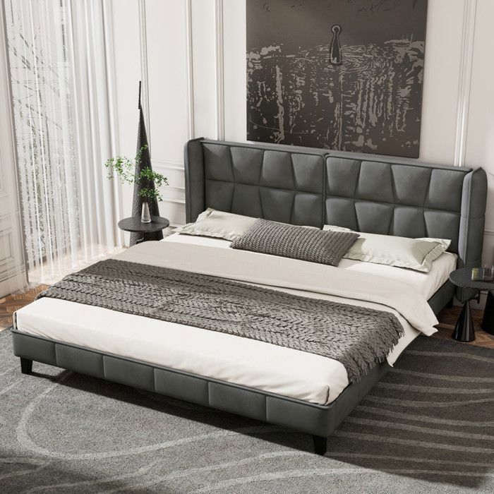 Lit double 180x200 cm - Velours gris - Tête de lit incluse - Sommier à lattes - Montage facile