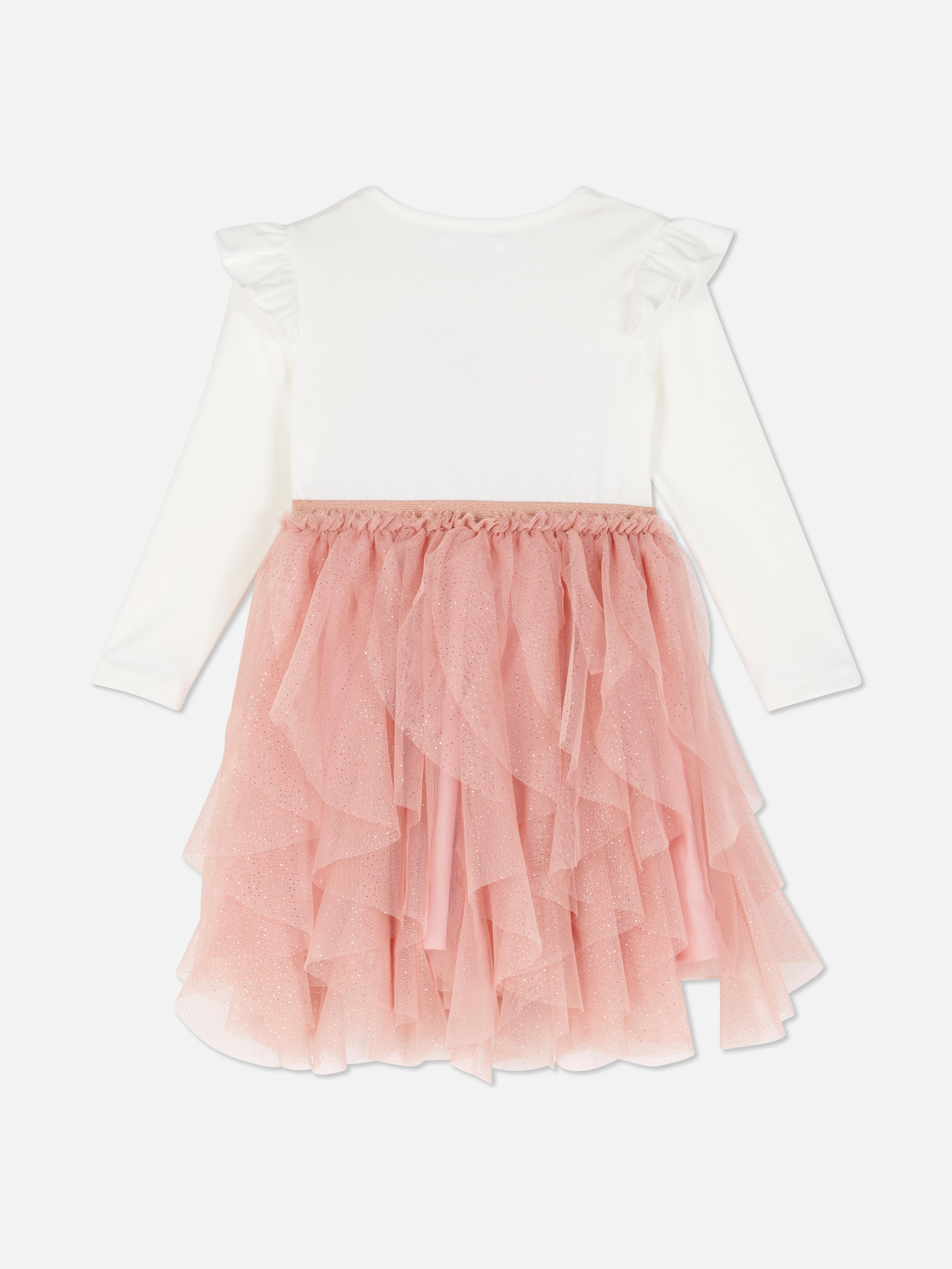 Tutu-Kleid mit Einhorn: Kleid mit Tüllrock, Rüschen an den Schultern, langen Ärmeln und einem Pailletten-Einhorn