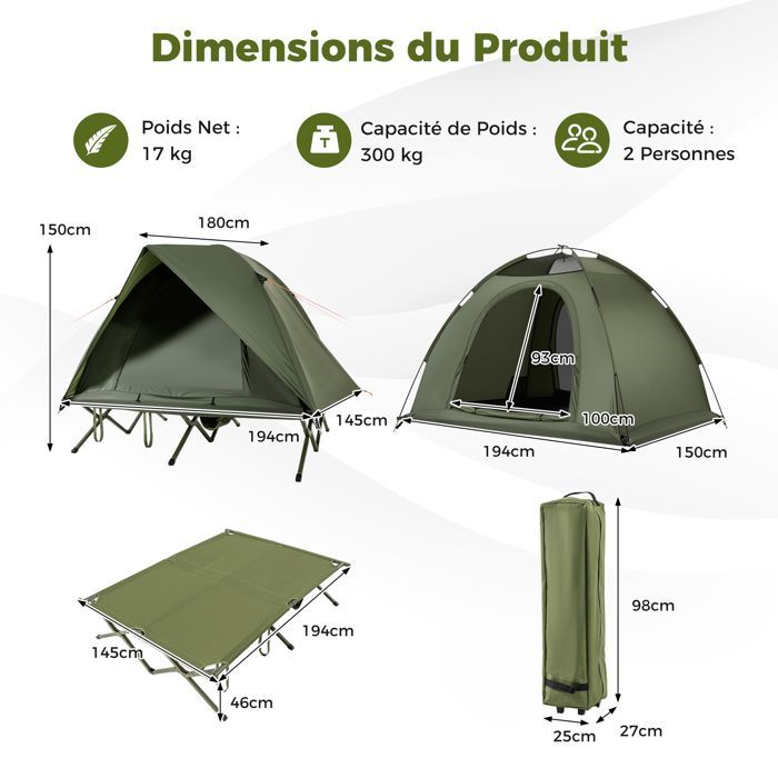Tienda de campaña plegable para 2 personas COSTWAY con cama elevada, bolsa de transporte con ruedas, 2 puertas de malla y techo.