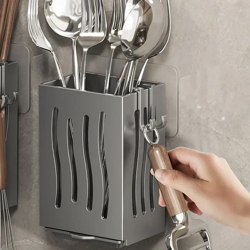 Égouttoir à ustensiles de cuisine multifonctionnel (1 pièce), porte-baguettes, boîte de rangement pour couverts murale ou sur pied, en plastique