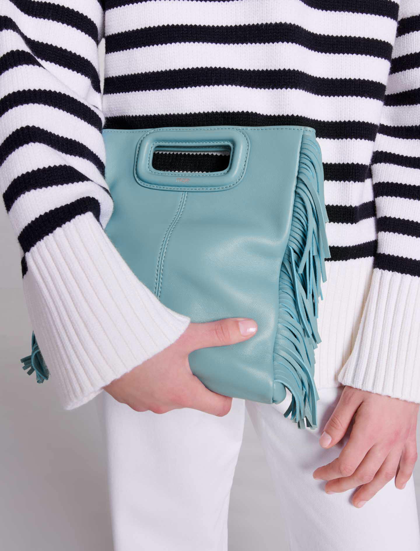 Tas in maat M met gladde leren franjes - Blauw/Grijs