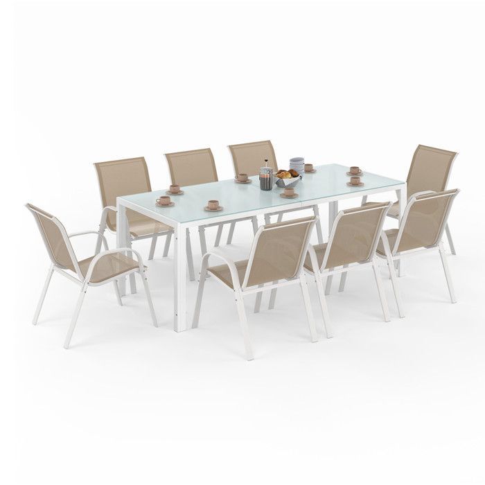 Conjunto de muebles de jardín IDMARKET MADRID: mesa de 190 cm y 8 sillas apilables, blanco y beige.