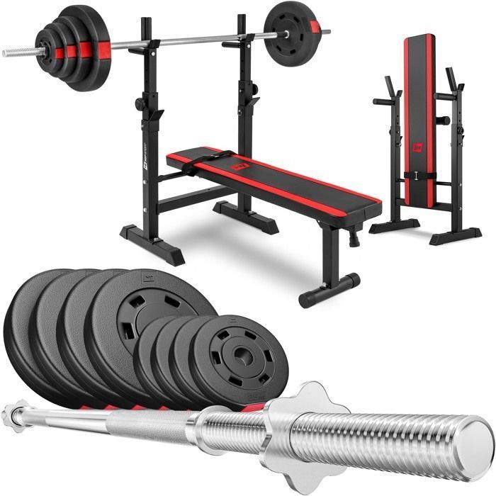 Hop-Sport HS-1080 opklapbare halterbank, halterset van 39 kg, gewichtsschijven en halterrek, maximale belasting 270 kg