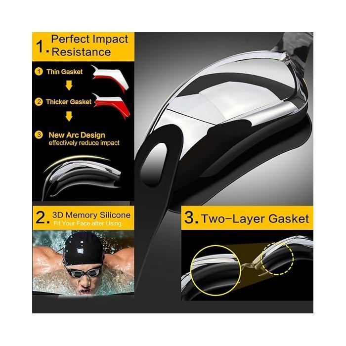 ®RisingFF Waterdichte zwembril met neusclip, oordopjes, badmuts en brillenkoker, zwart en zilver.