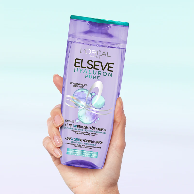 Shampoo hidratante L'Oréal Paris Elseve Hyaluron Pure para couro cabeludo oleoso e pontas secas.