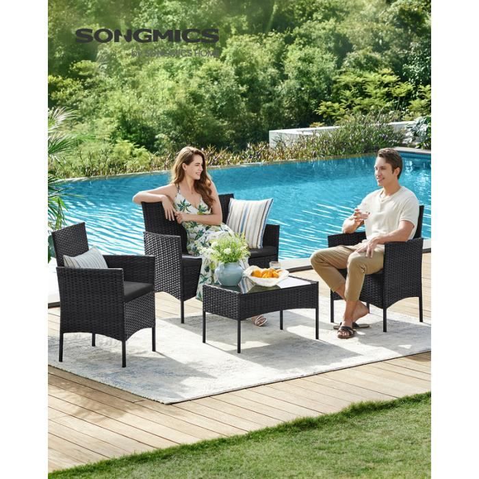 Conjunto de mesa y sillas de jardín SONGMICS - Negro y gris - Superficie tejida de PE - 4 piezas