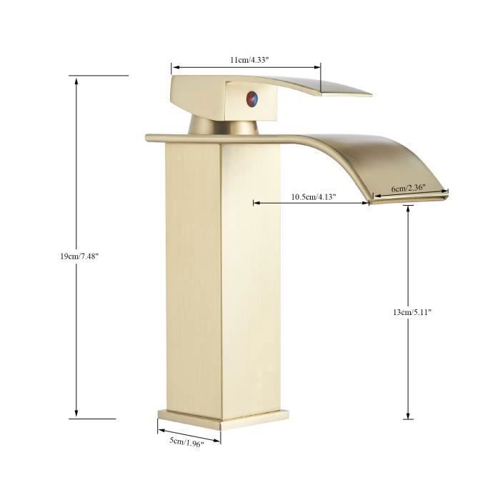 Brushed Gold Bathroom Faucet Waterfall Basin Mixer Tap, Brass - Hot and Cold Water Available