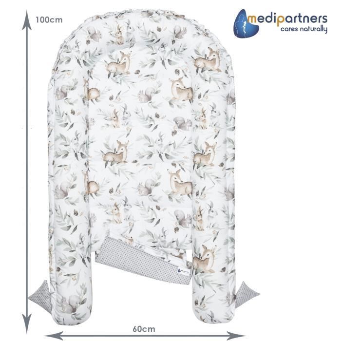 Réducteur de Lit Bébé Medi Partners 100% Coton Nouveau-né Nid de Bébés Insert Amovible 100x60x15 cm Cerf en Feuilles, Gris