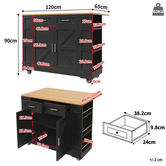 Isla de cocina, carrito de servicio moderno con acabado de vetas de madera, mesa extensible, armarios ajustables, color negro.