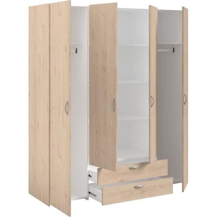 Armario de dormitorio VARIA - Acabado en roble - 4 puertas batientes + 2 cajones - Ancho 159,9 cm x Profundidad 51,3 cm x Alto 185 cm