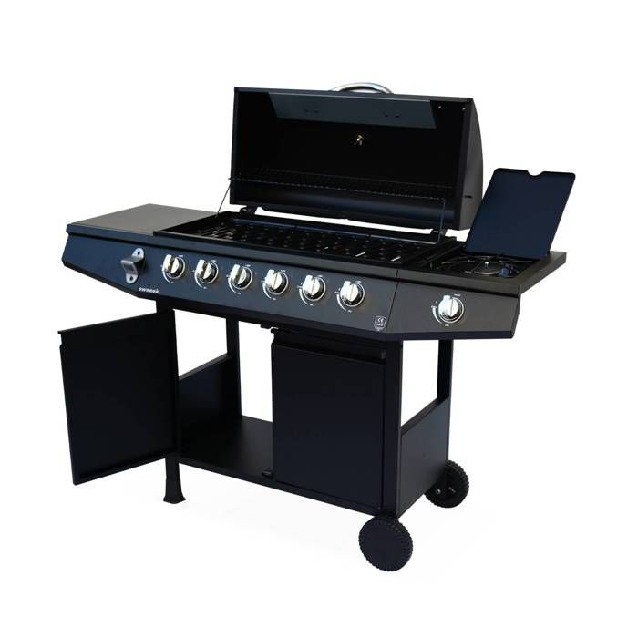 Treville gas barbecue - 7 burners including 1 black side burner, with thermometer