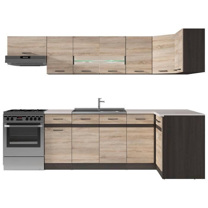 Cocina de esquina completa JUNONA con encimera de 3,40 m de largo - Esquina reversible - Acabado roble Sonoma - Encimera incluida