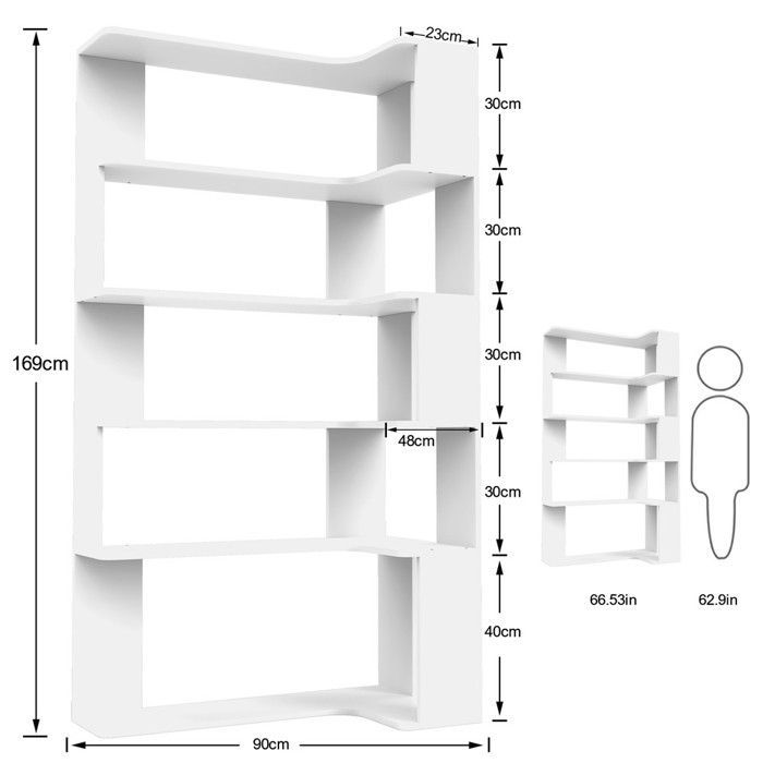 5-laags boekenplank - VIVOLILV - L-vormige hoekplank in wit hout - Opbergmeubel - 90 x 48 x 169 cm