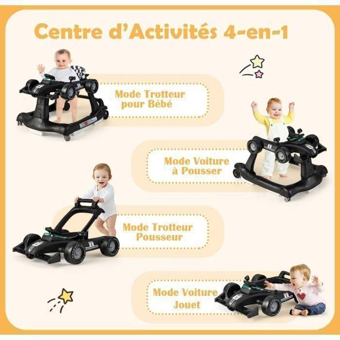 DREAMADE 3-in-1 converteerbare loopstoel voor baby's, opvouwbaar met verstelbare hoogte, muziek en lichtjes, autovorm, voor 6-18 maanden, zwart