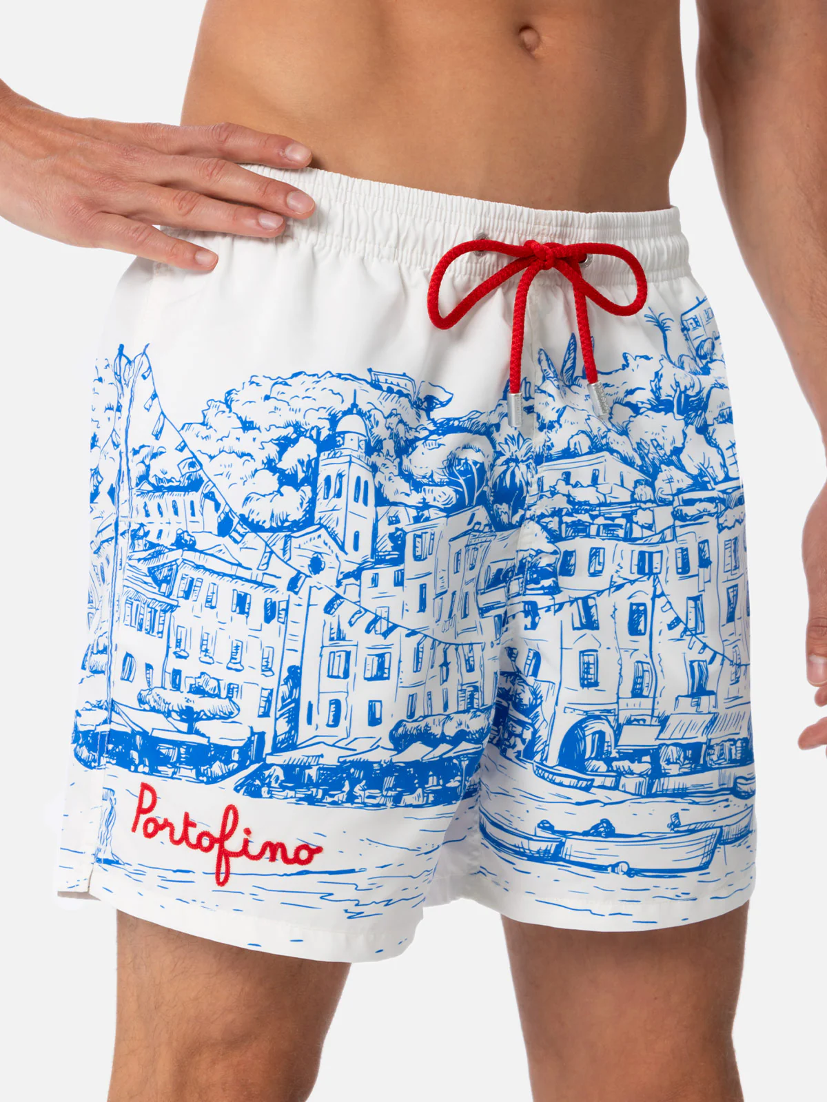 Heren Gustavia Mid-Length Zwembroek | Portofino Piazzetta Print | Elastische tailleband | Verstelbaar trekkoord | MC2 Saint Barth