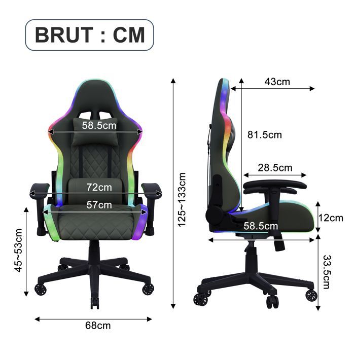 Silla gaming con iluminación LED RGB, LUMINARIX, silla con masaje lumbar y reposacabezas, respaldo ajustable, silla de oficina ergonómica, negra