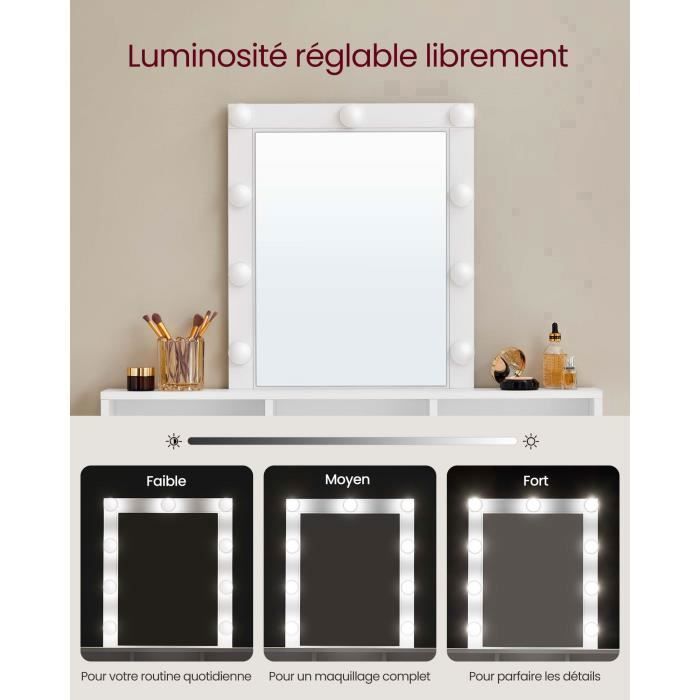 Coiffeuse, Miroir LED à Luminosité Réglable, 2 Tiroirs et 3 Compartiments, 100 x 40 x 145 cm, Blanc