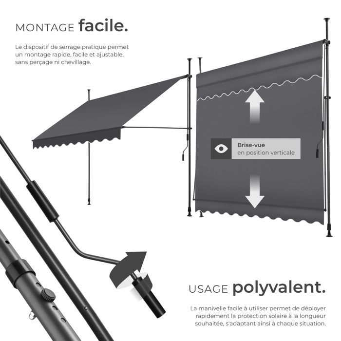Store banne de jardin - TECTAKE - Store à pince sans perçage avec manivelle réglable en hauteur - Noir/Gris - 250 x 180 cm