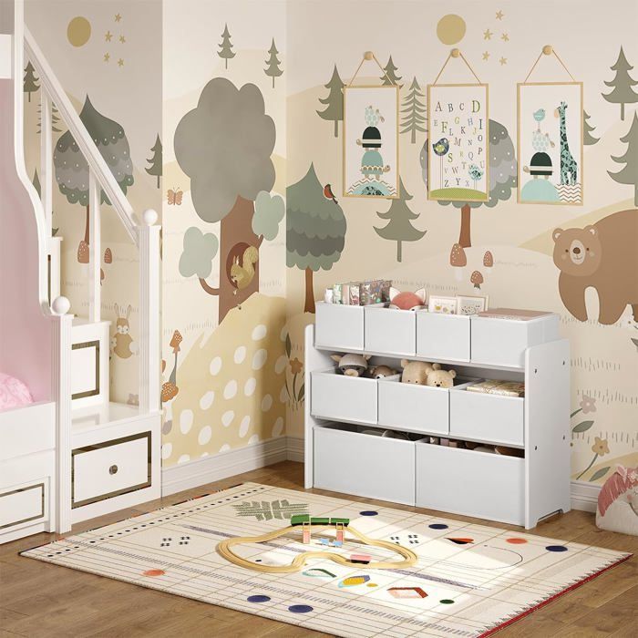 Scaffale portaoggetti per bambini, contenitore per giocattoli, 9 scatole rimovibili in tessuto non tessuto, 92x30x60/68 cm, bianco E0EG0065