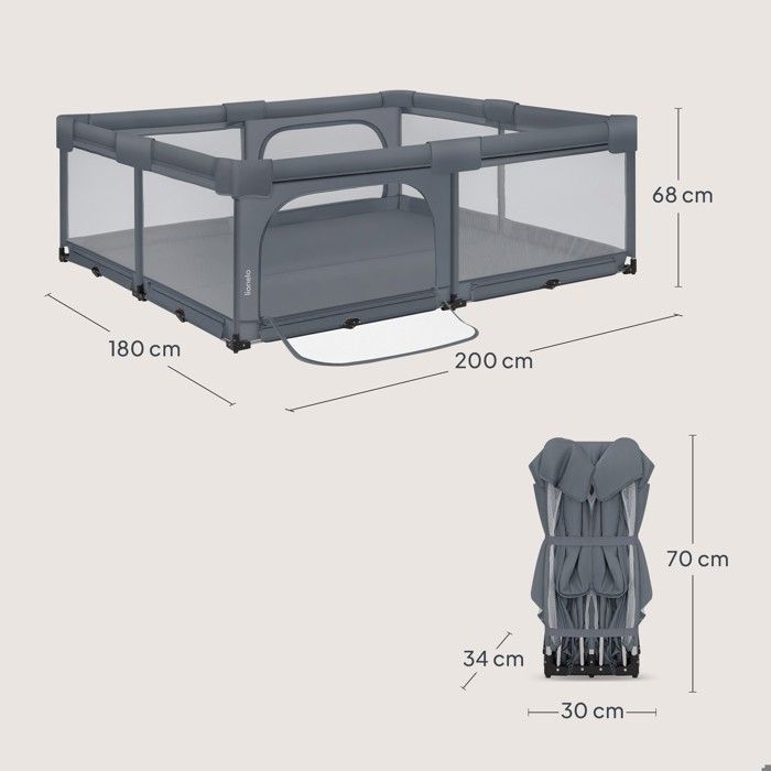 Parque infantil grande para bebé de 180x200 cm LIONELO Florence - Montaje muy rápido - Espacio extragrande - Para interior/exterior - Bolsa incluida - Gris