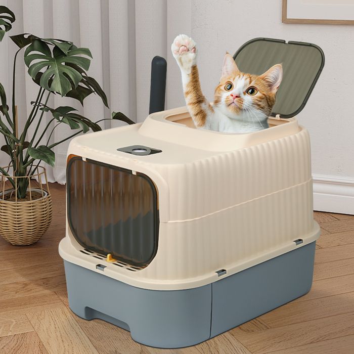 Bac à Litière Fermé pour Grand Chat, Maison de Toilette, Plateau Amovible, Pelle, Brosse, Capacité 18 kg, Anti-fuites, Gris