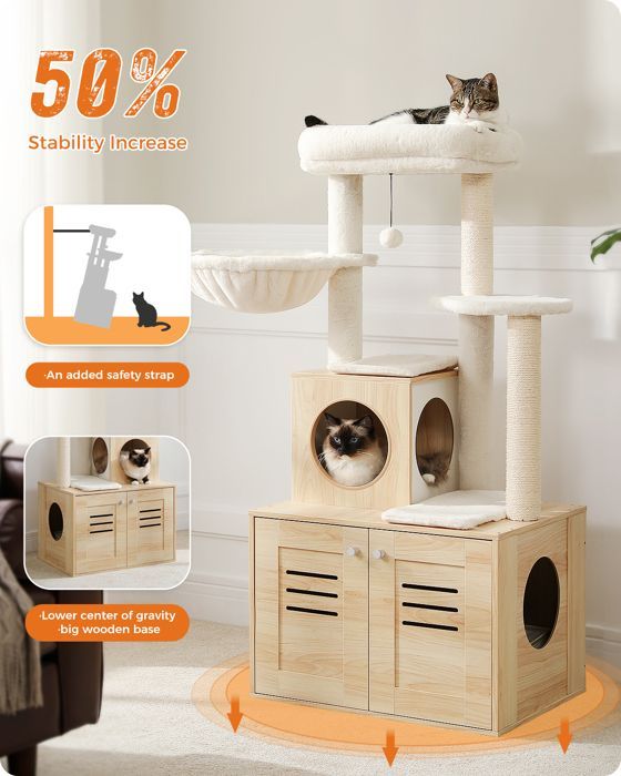 Árvore para gatos PAWZ Road Stable em madeira maciça, plataforma grande, casinha profunda, almofada removível, rede suspensa grande, 127 cm, bege