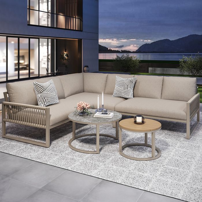 Conjunto de muebles - Conjunto de salón de jardín - 6-7 plazas - sofá esquinero - hierro galvanizado - 2 mesas nido, beige