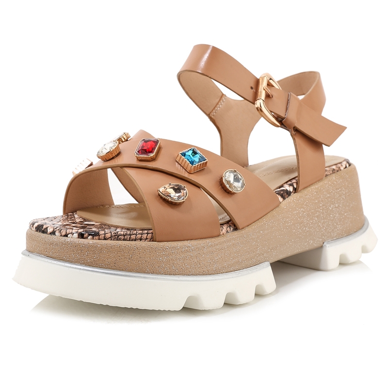 Sandali piatti con plateau in vera pelle con strass di lusso da donna, scarpe casual estive Sandales Femmes Sandalias Mujer
