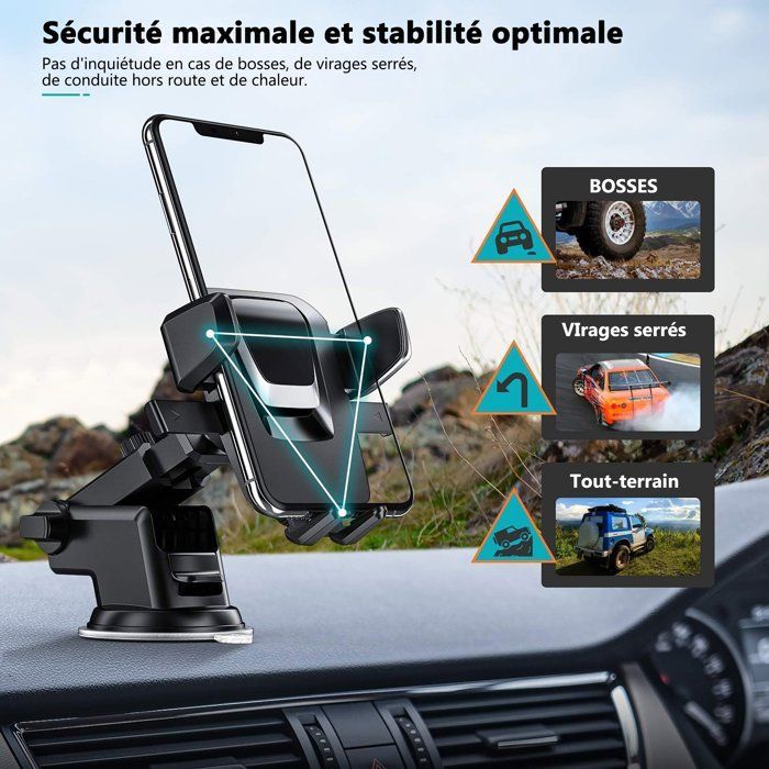 Suporte para celular veicular com ventosa giratória 360°, montagem no painel/para-brisa, universal para smartphones iPhone e Samsung.