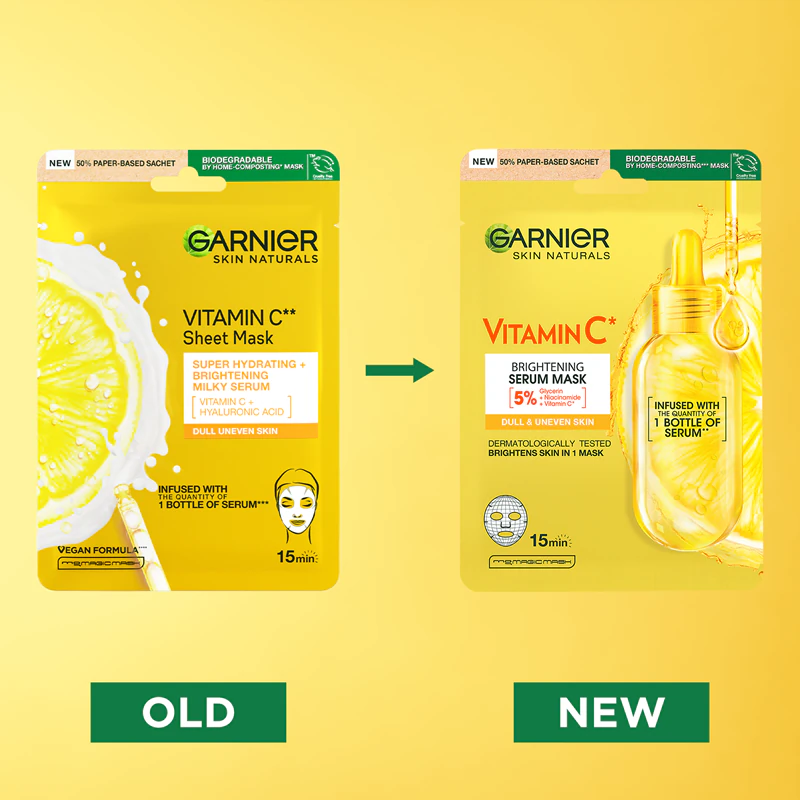Máscara facial em tecido Garnier Skin Naturals com vitamina C para clareamento e hidratação.