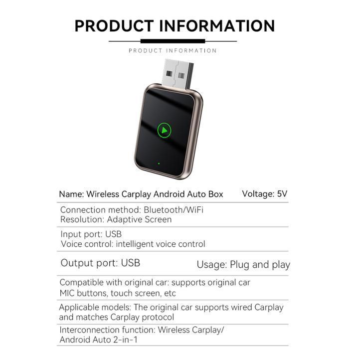 CarPlay Adapter / Car Radio / Car Audio - Wireless - Bluetooth 5.3 - USB Type-C - Plug and Play