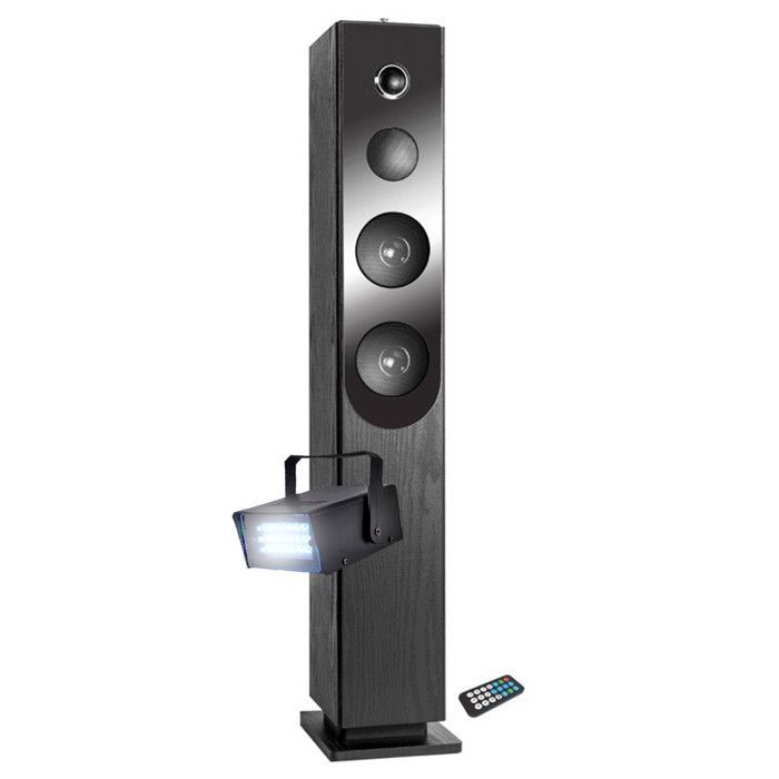 Blacktower+ Sound Tower con lettore CD, Bluetooth, FM e USB, 100W + telecomando - Mini strobo incluso
