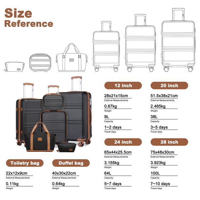 Juego de maletas de viaje Kono de 6 piezas (28/51,5/65/75 cm) + bolsa de viaje deportiva con neceser de maquillaje, color negro.