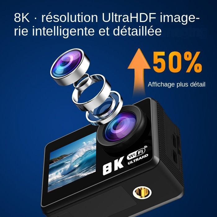 8K 30FPS Sportskamera - 170° vidvinkel - 30M vandtæt - EIS anti-shake - Fjernbetjening og Wi-Fi - 64GB - Dobbelt touchskærm